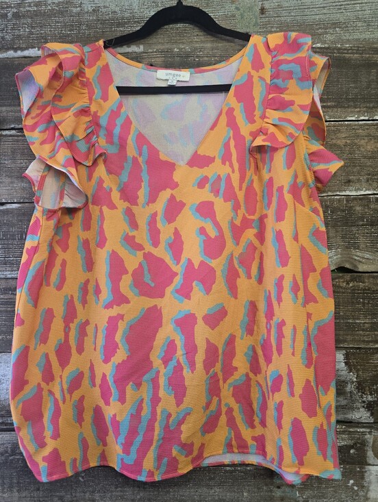 Umgee Tops - Umgee Neon Pink and Orange Ruffle Shoulder V-Neck Blouse, Size XL